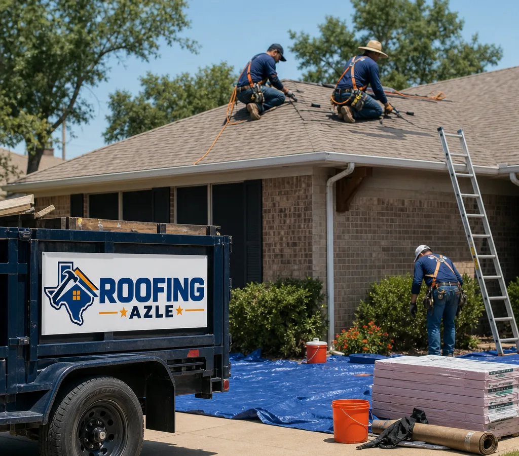 Roofing crew repairing shingles on a single-story Azle home with safety equipment and ground protection
