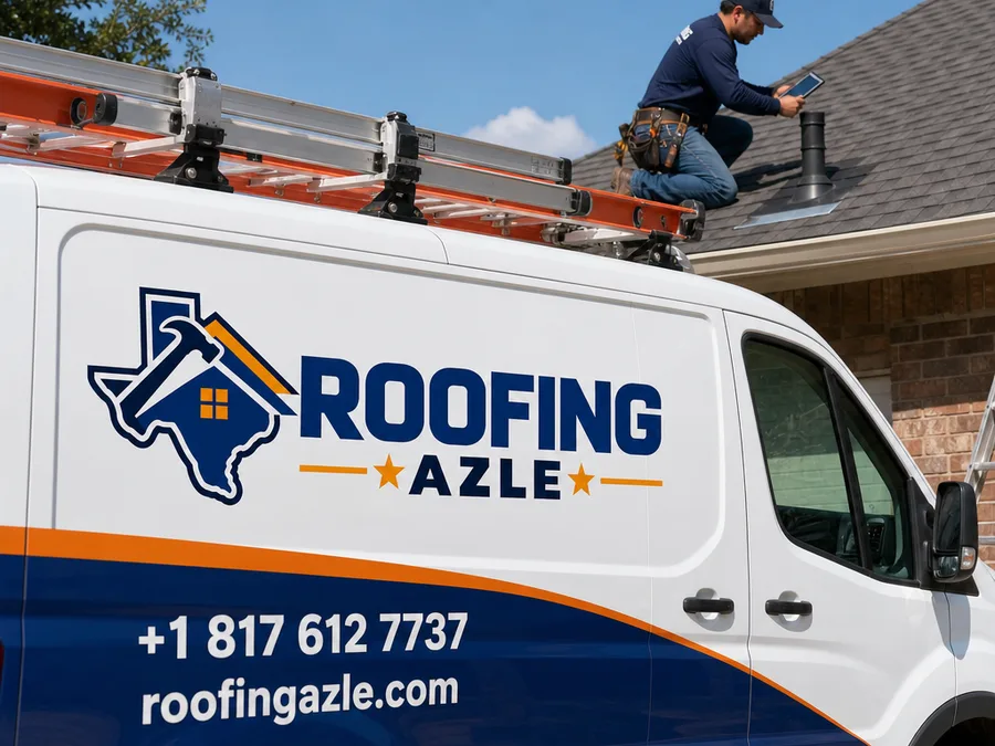 Azle roofer inspecting flashing and a roof penetration while documenting findings